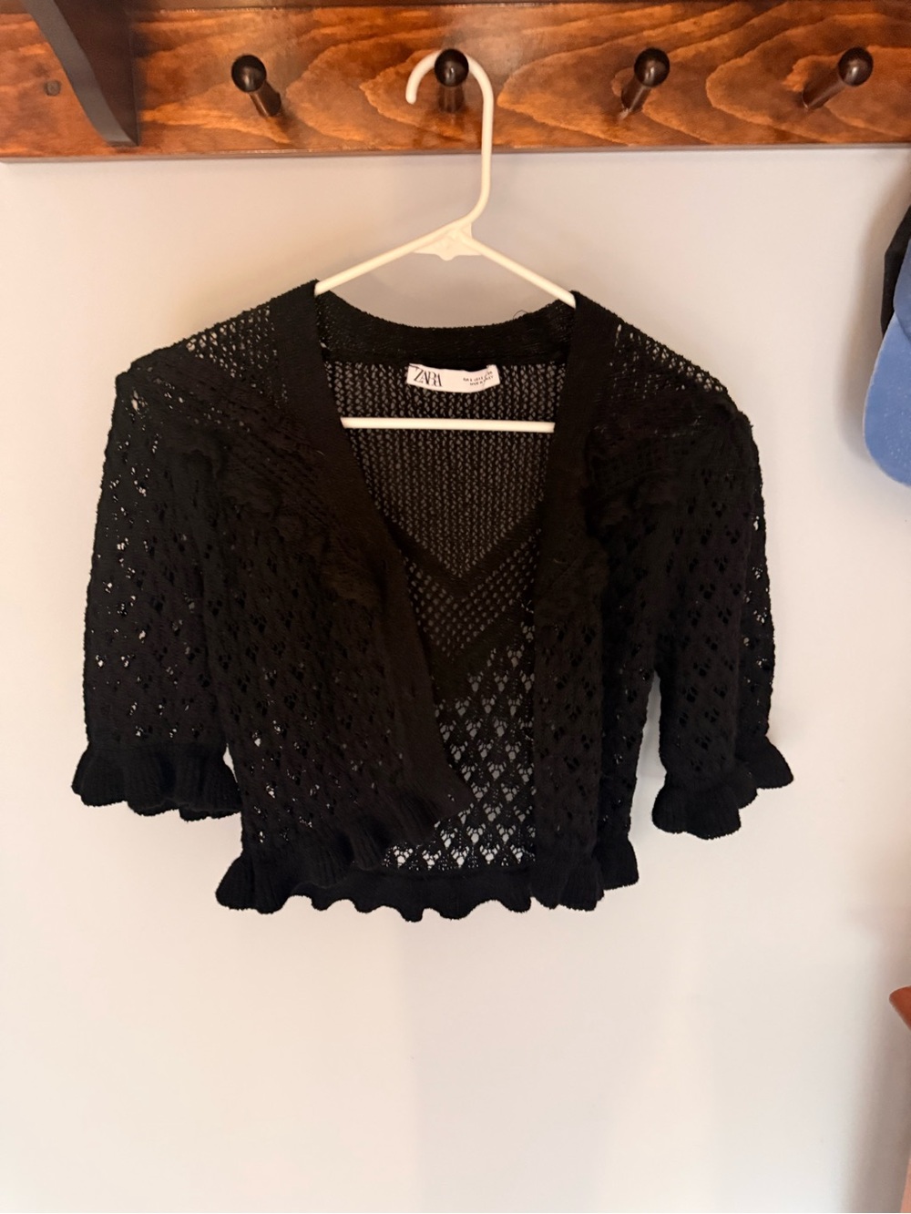 Zara Black Open-Knit Cropped Cardigan with Ruffle Trim